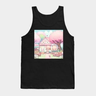 cute cat cafe with pink cherry blossom trees Tank Top